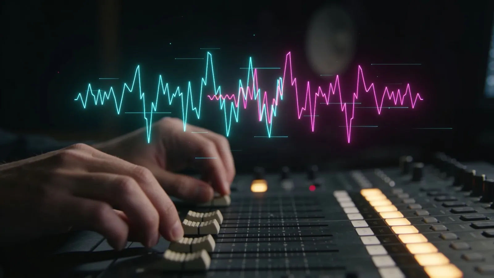 Hands at console with jagged neon waveform UI