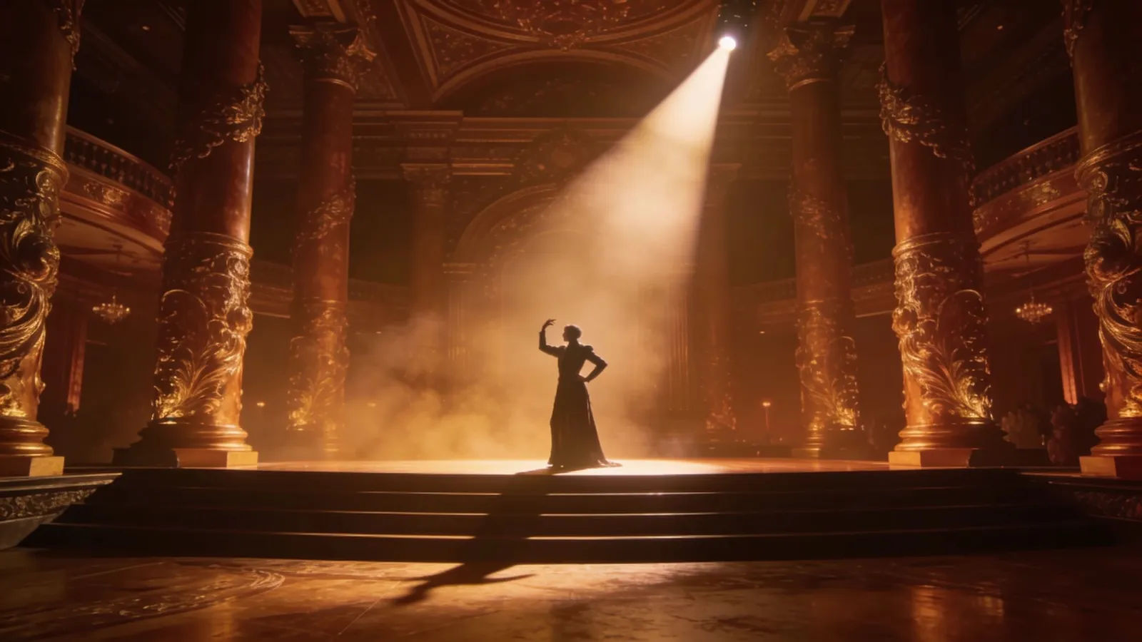 Figure posing grandly under a stage spotlight