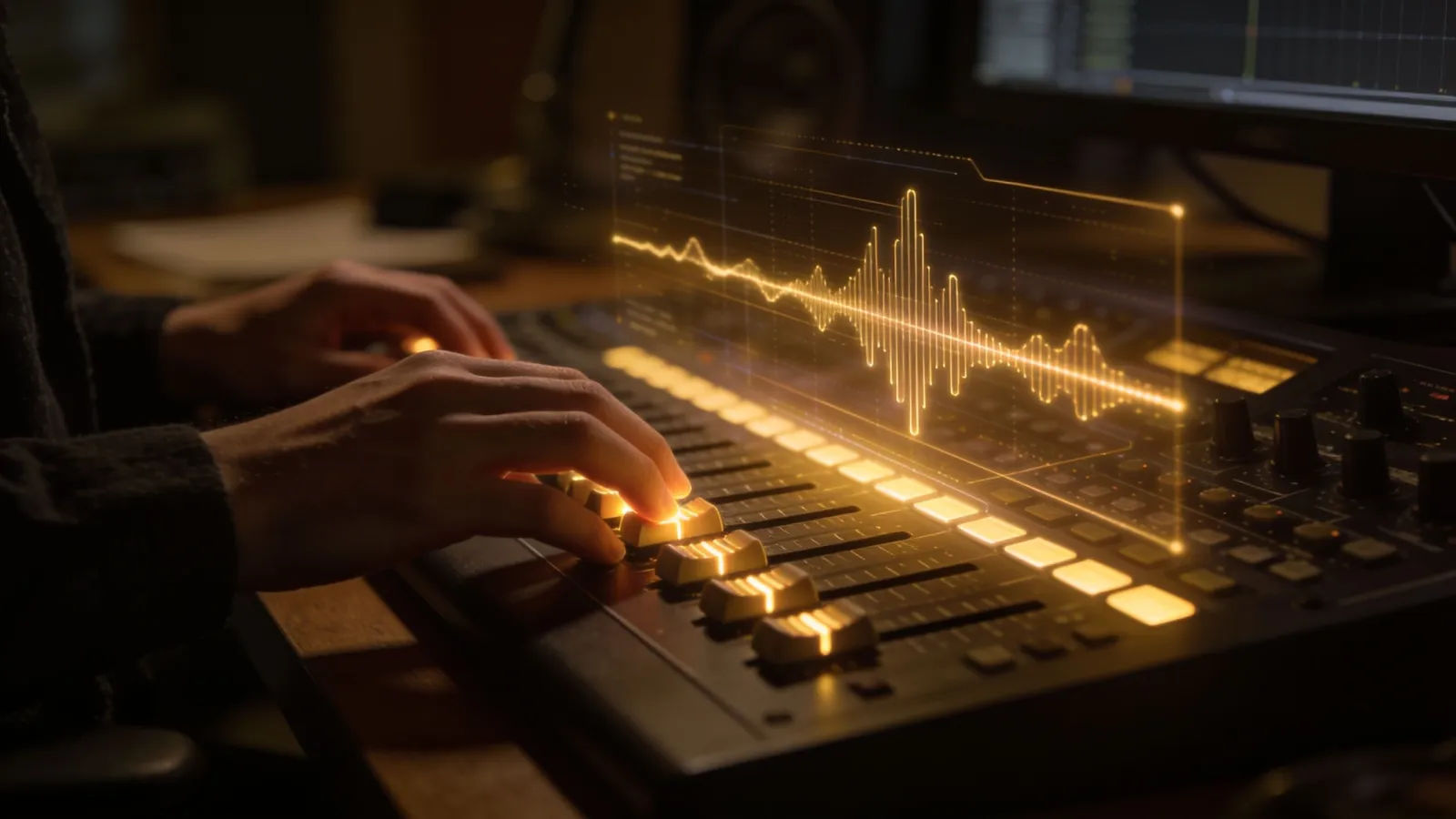 Hands at console with glowing audio interface