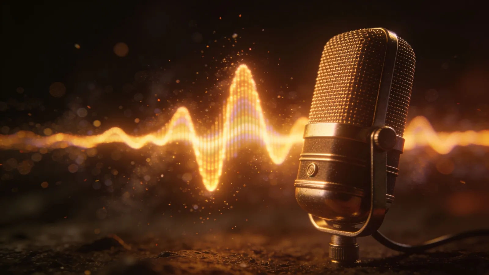 Vintage microphone with glowing warm waveform