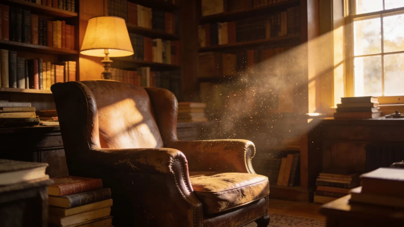 Cozy old study with armchair and warm lamplight