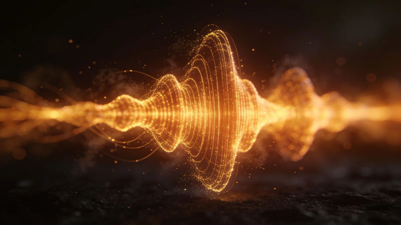 Glowing warm amber sound waveform in darkness