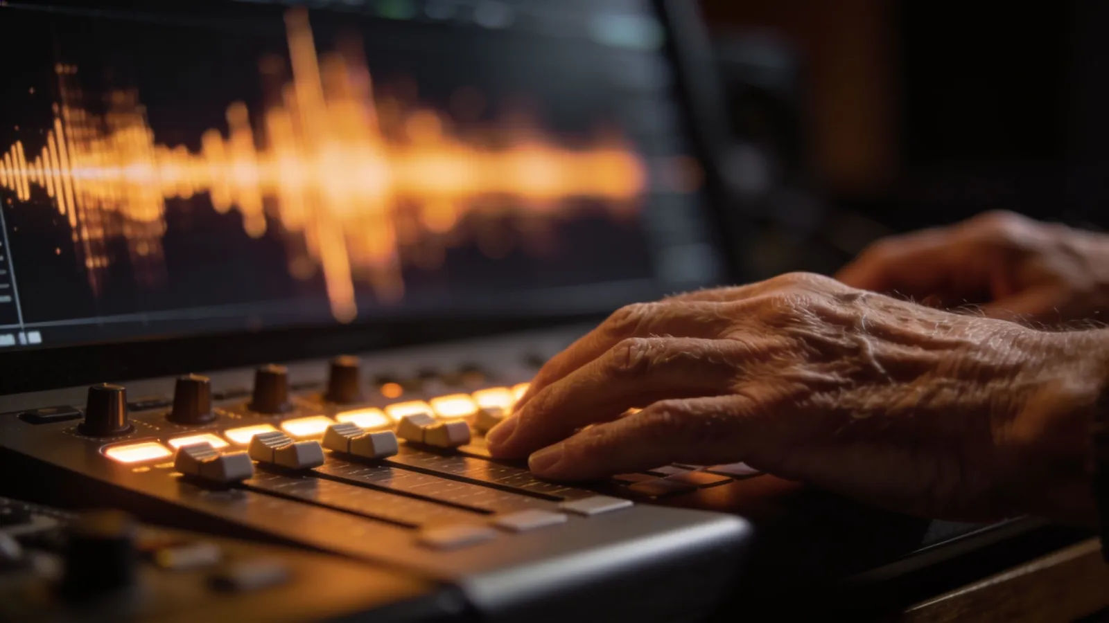 Elderly hands over studio console with amber glow