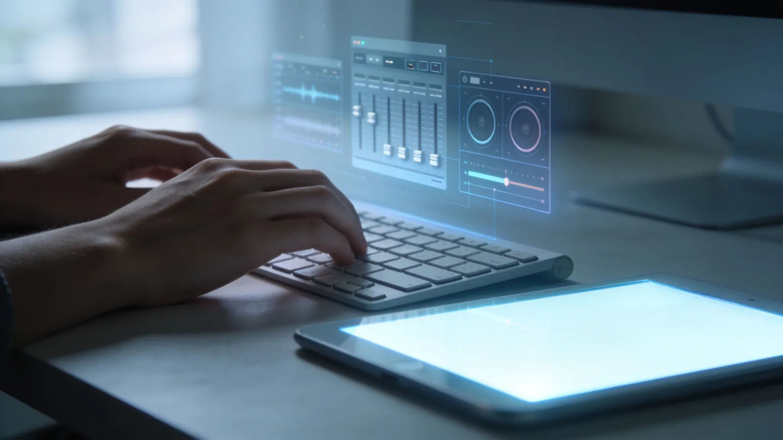 Hands on keyboard and tablet with floating audio panels