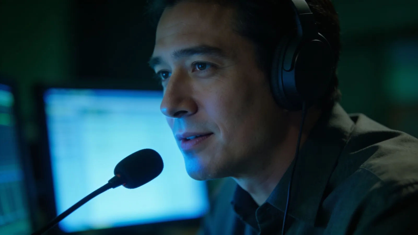Calm announcer speaking into a control-room microphone