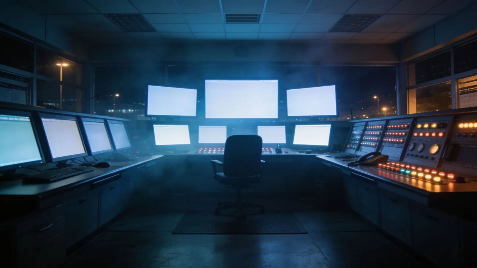 Dim emergency control room with glowing monitors