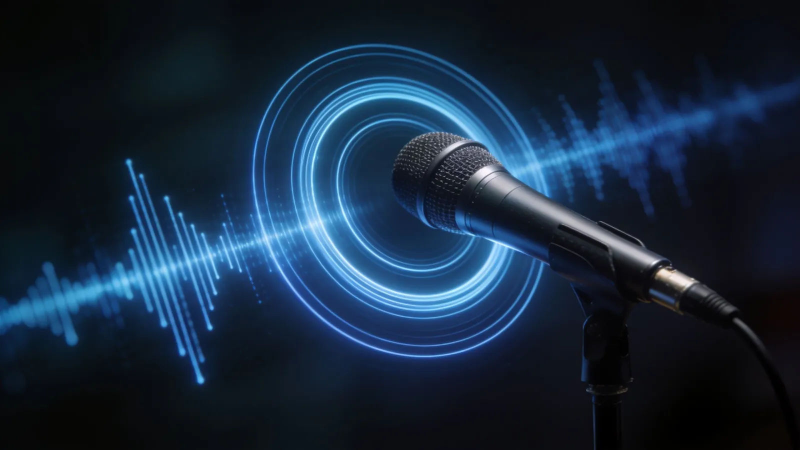 Microphone with concentric blue broadcast waveform rings