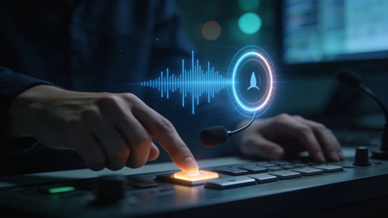 Hands at a desk with blue pulsing alert interface