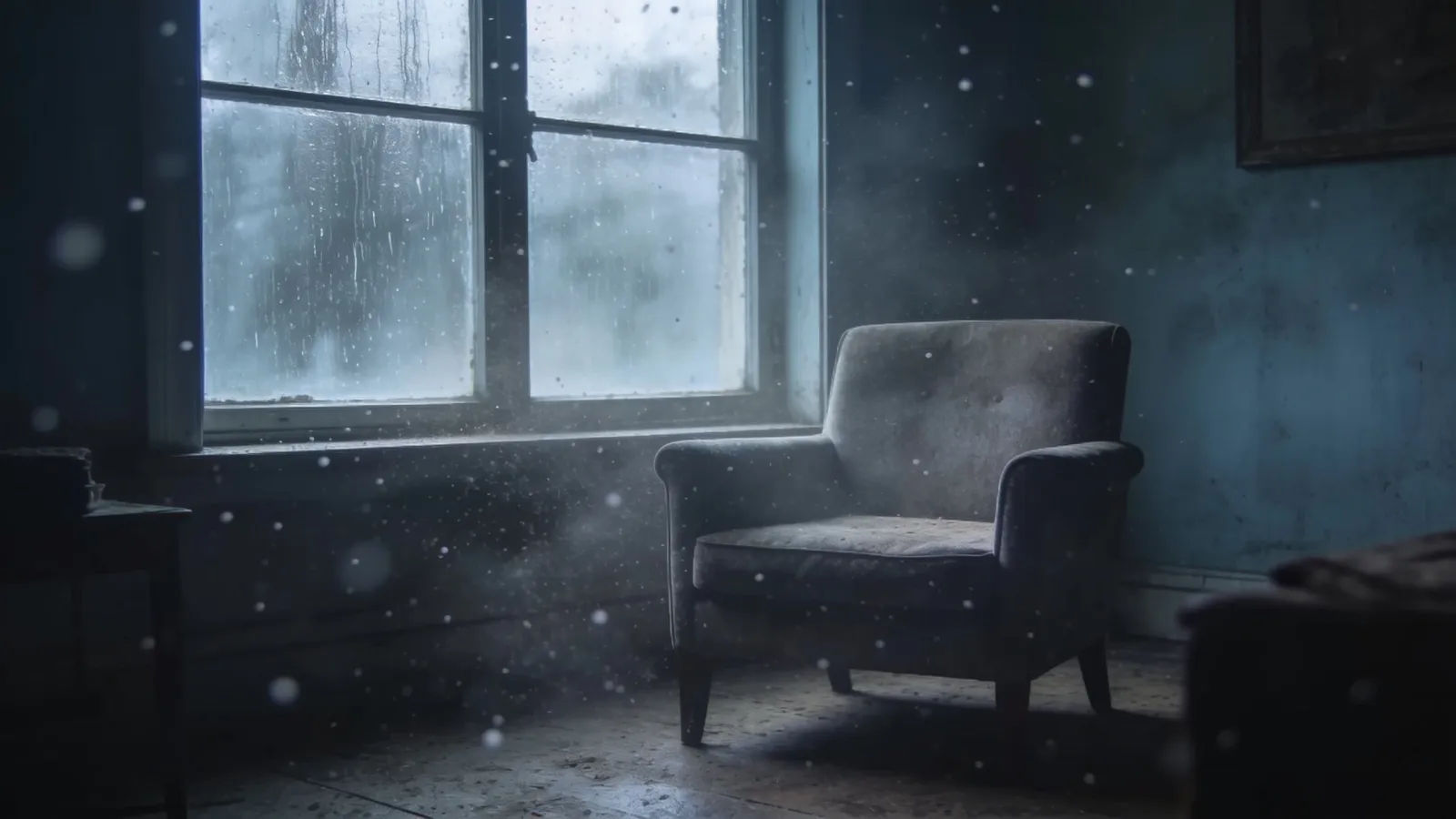 Lone armchair by rain-streaked window, melancholic