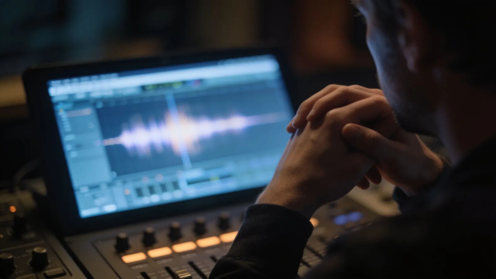 Creator hands at dim contemplative audio console