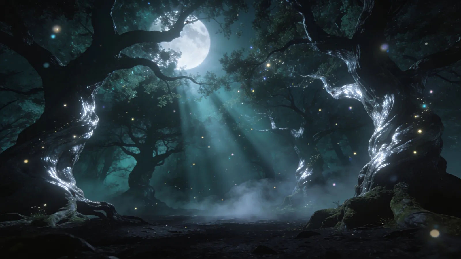 Enchanted moonlit forest with glowing motes