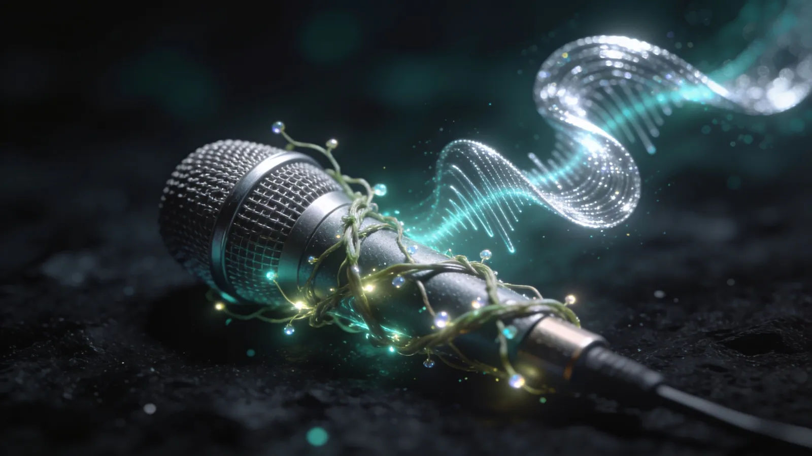 Vine-wrapped microphone with ethereal silver waveform