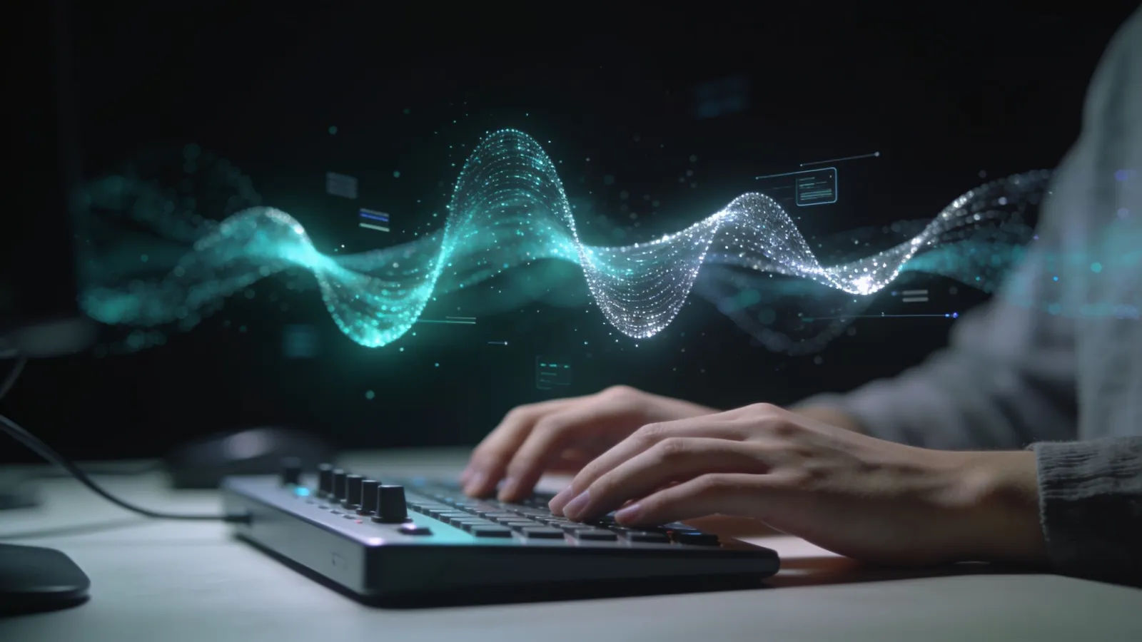 Hands at console with luminous teal interface