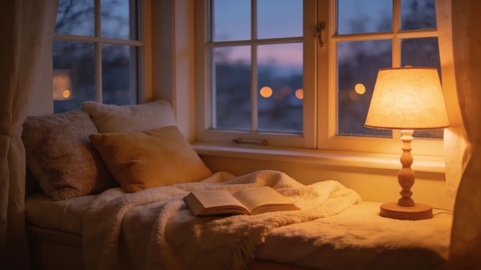 Cozy lamplit reading nook at dusk