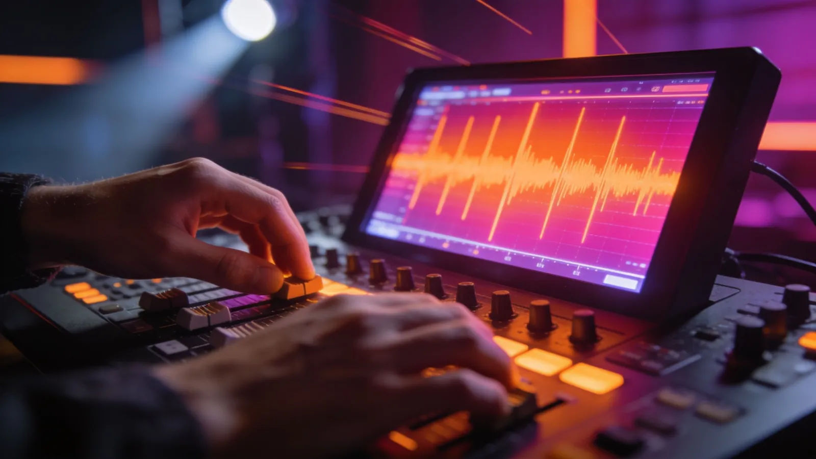Energetic hands at dynamic lit console
