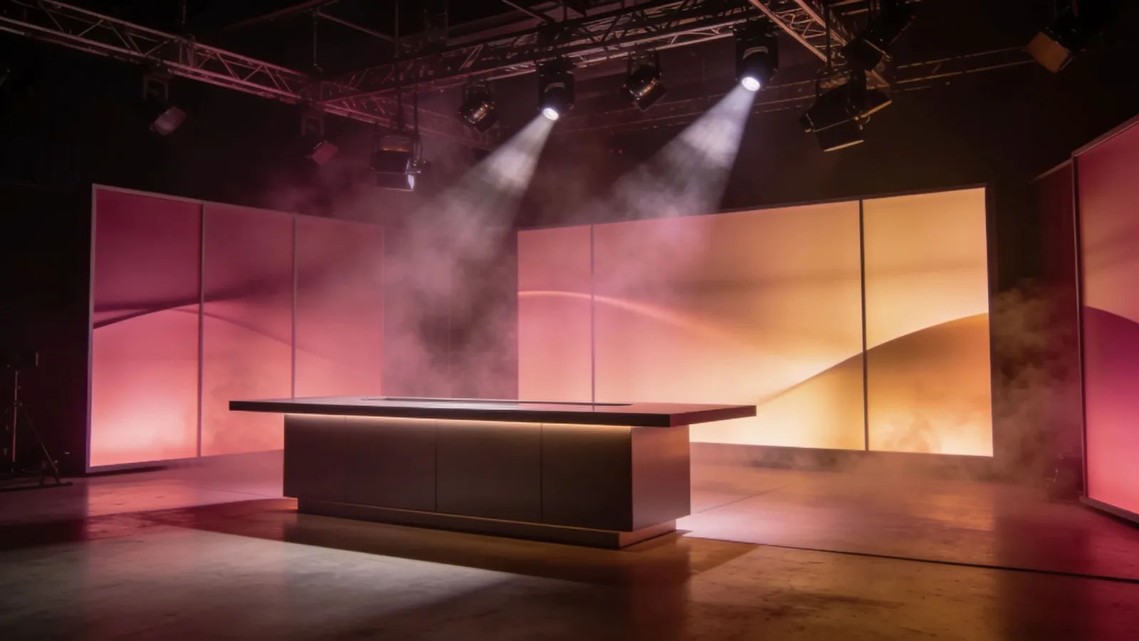 Generic broadcast studio with host desk and lighting rigs