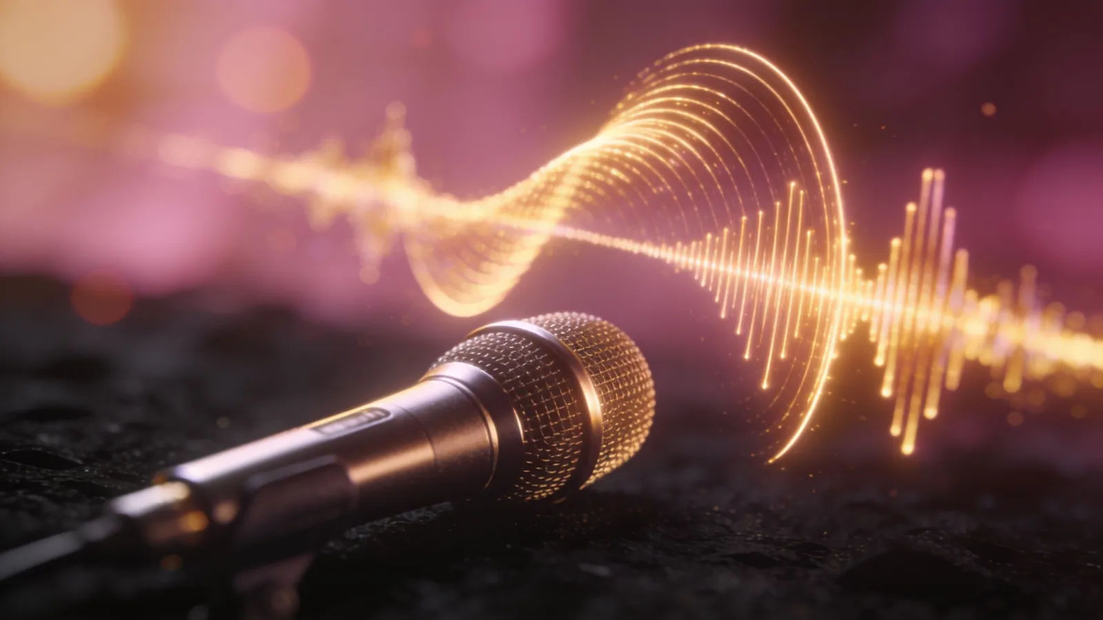 Golden waveform arcing over a broadcast microphone, macro