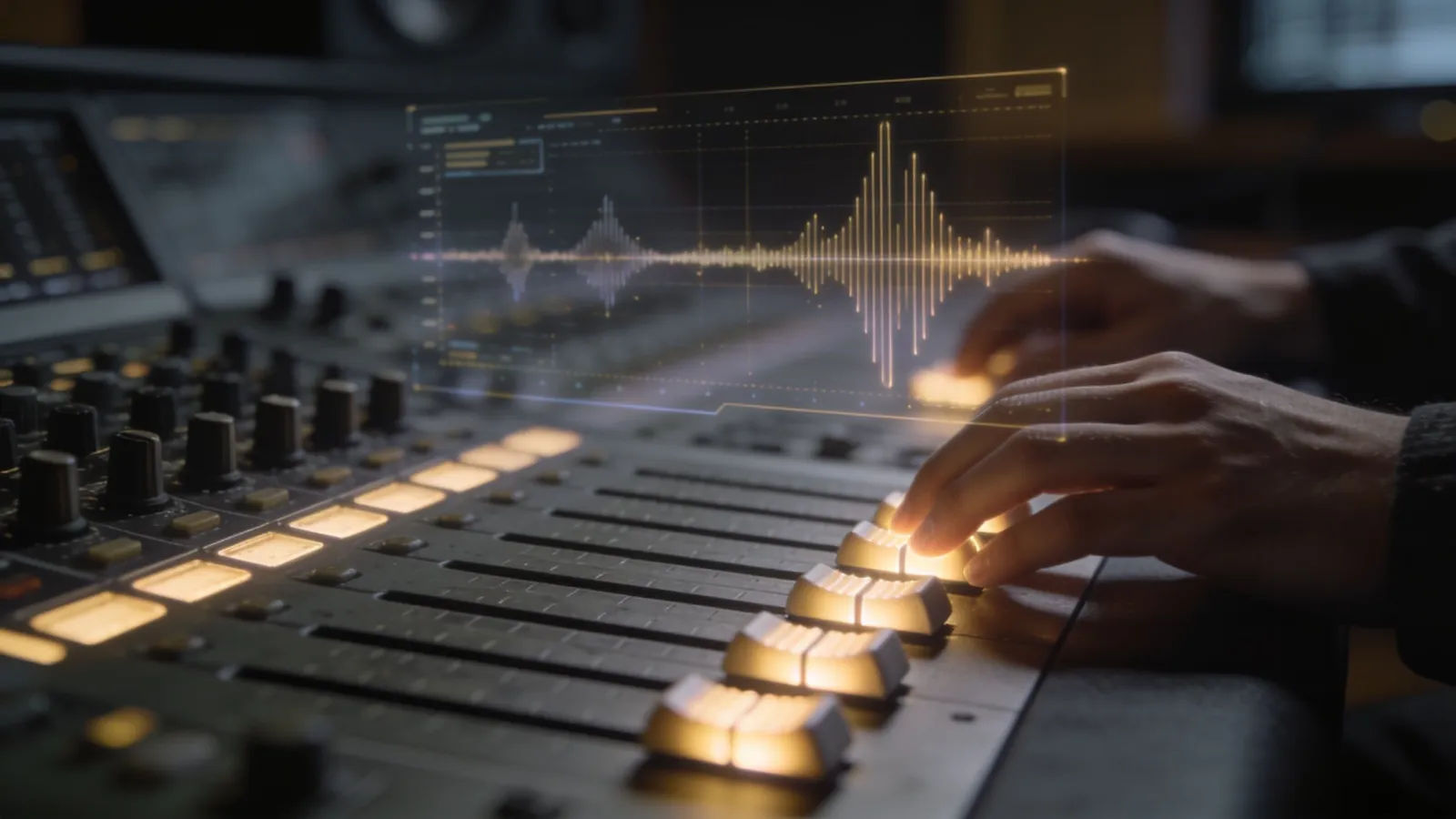 Hands on broadcast mixing desk with glowing level interface
