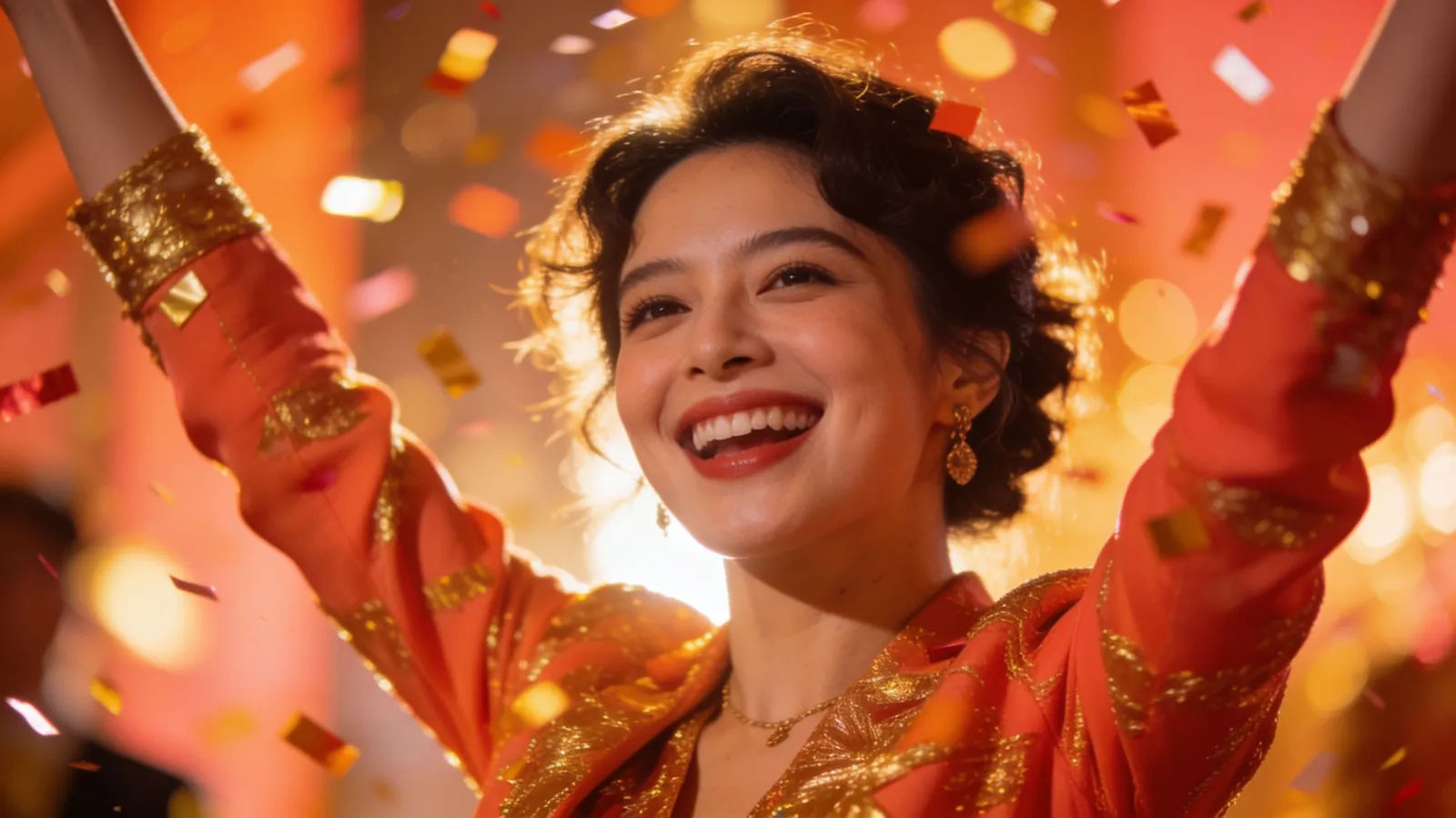 Beaming energetic host mid-cheer with confetti bokeh