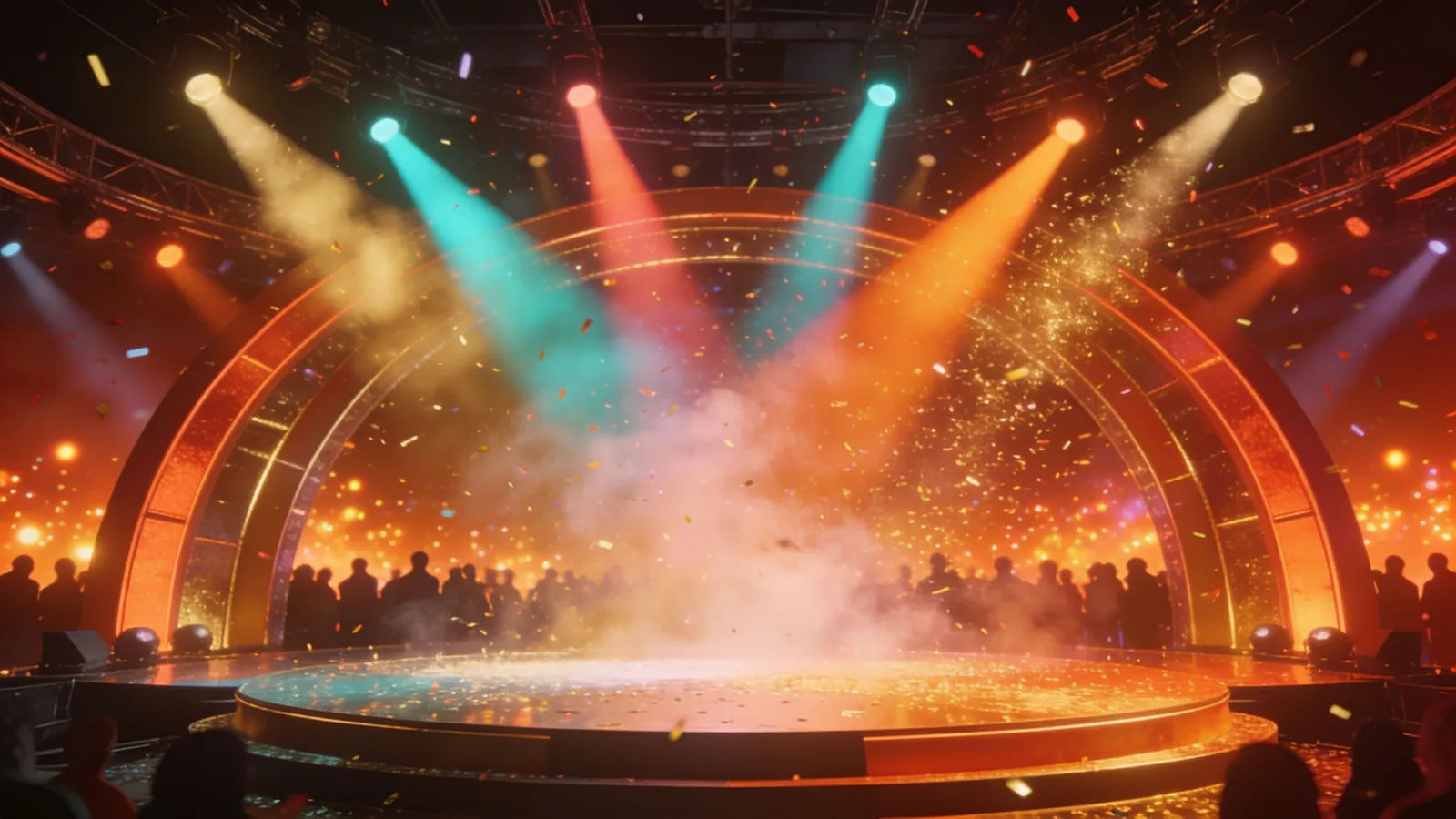 Vibrant product launch stage with sweeping lights