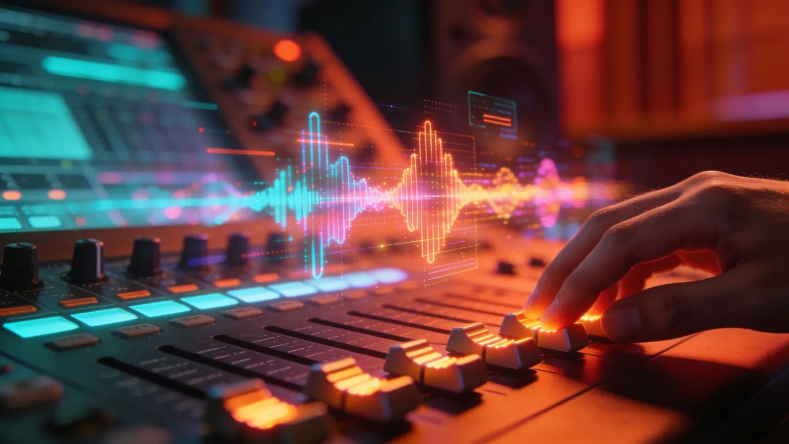 Hands at console with bright colorful waveform UI