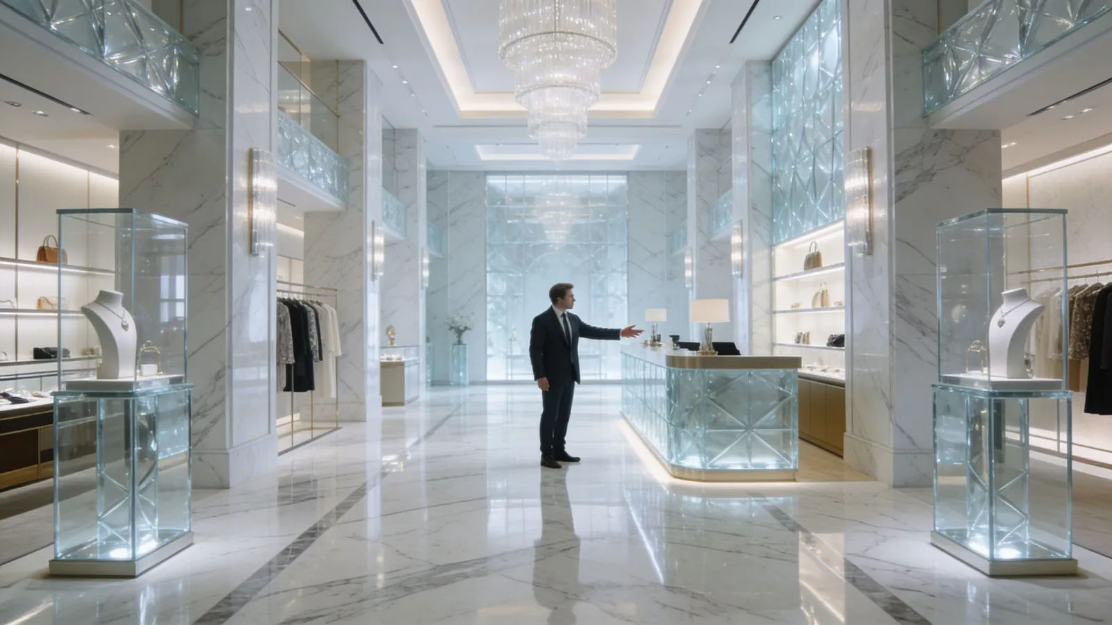 Figure gesturing demandingly in lavish lobby