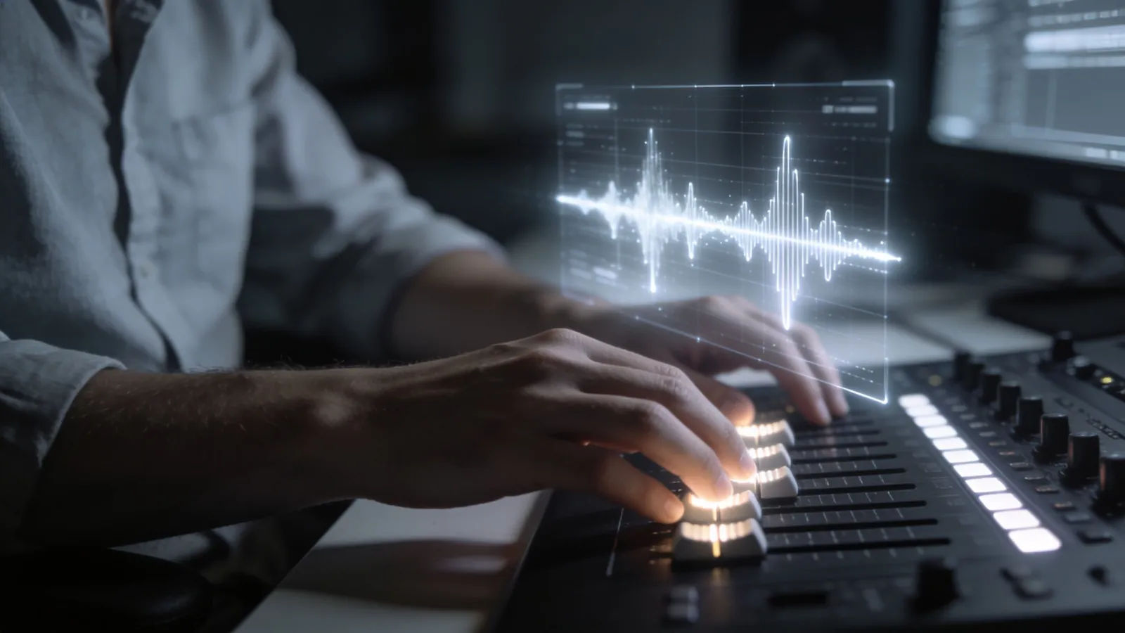 Hands at console with glowing audio interface