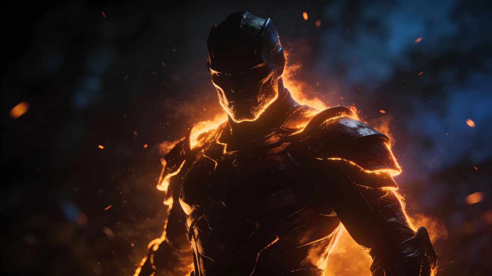 Heroic armored figure silhouette with fiery rim light