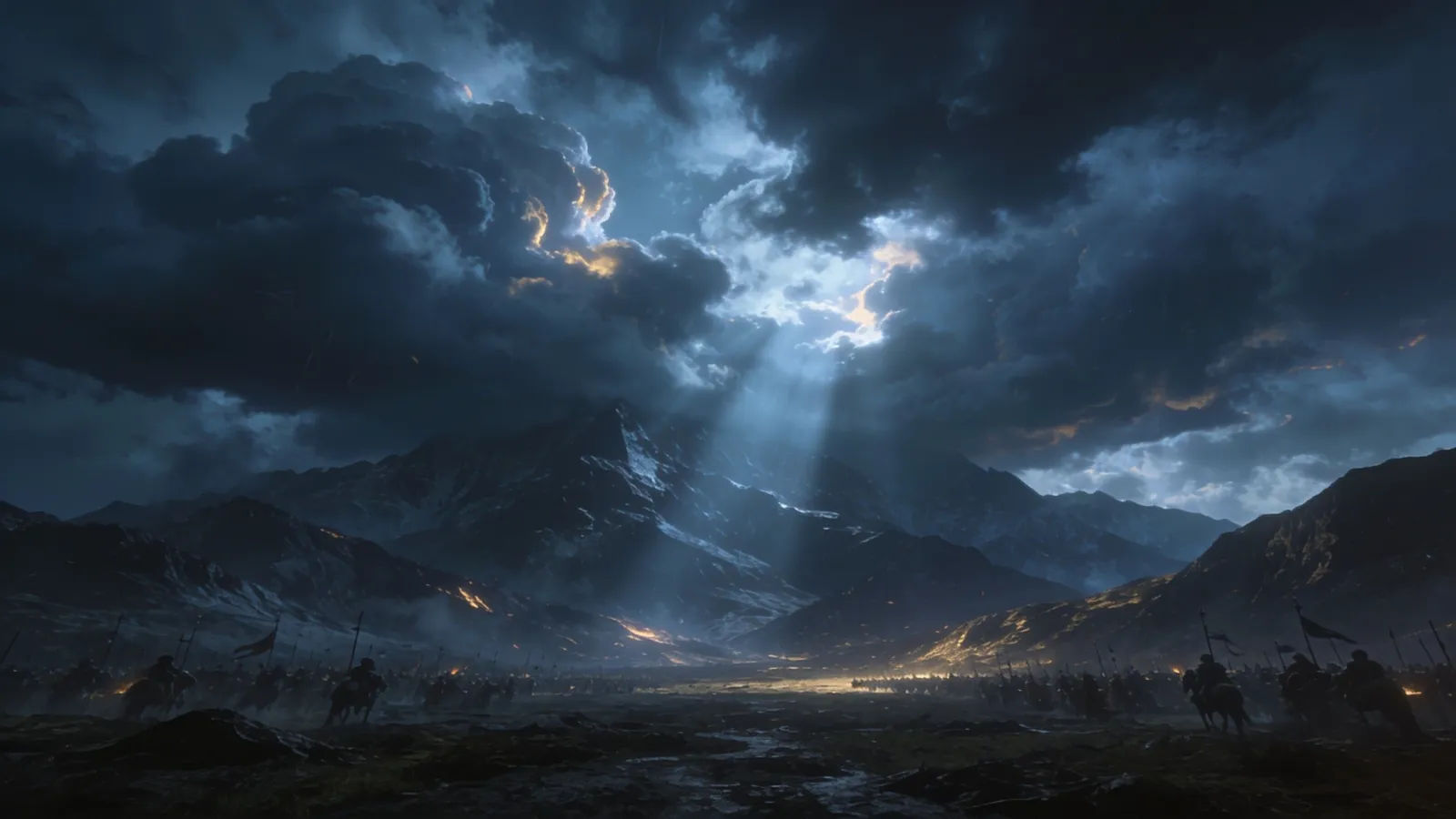 Vast storm-lit mountain battlefield plain
