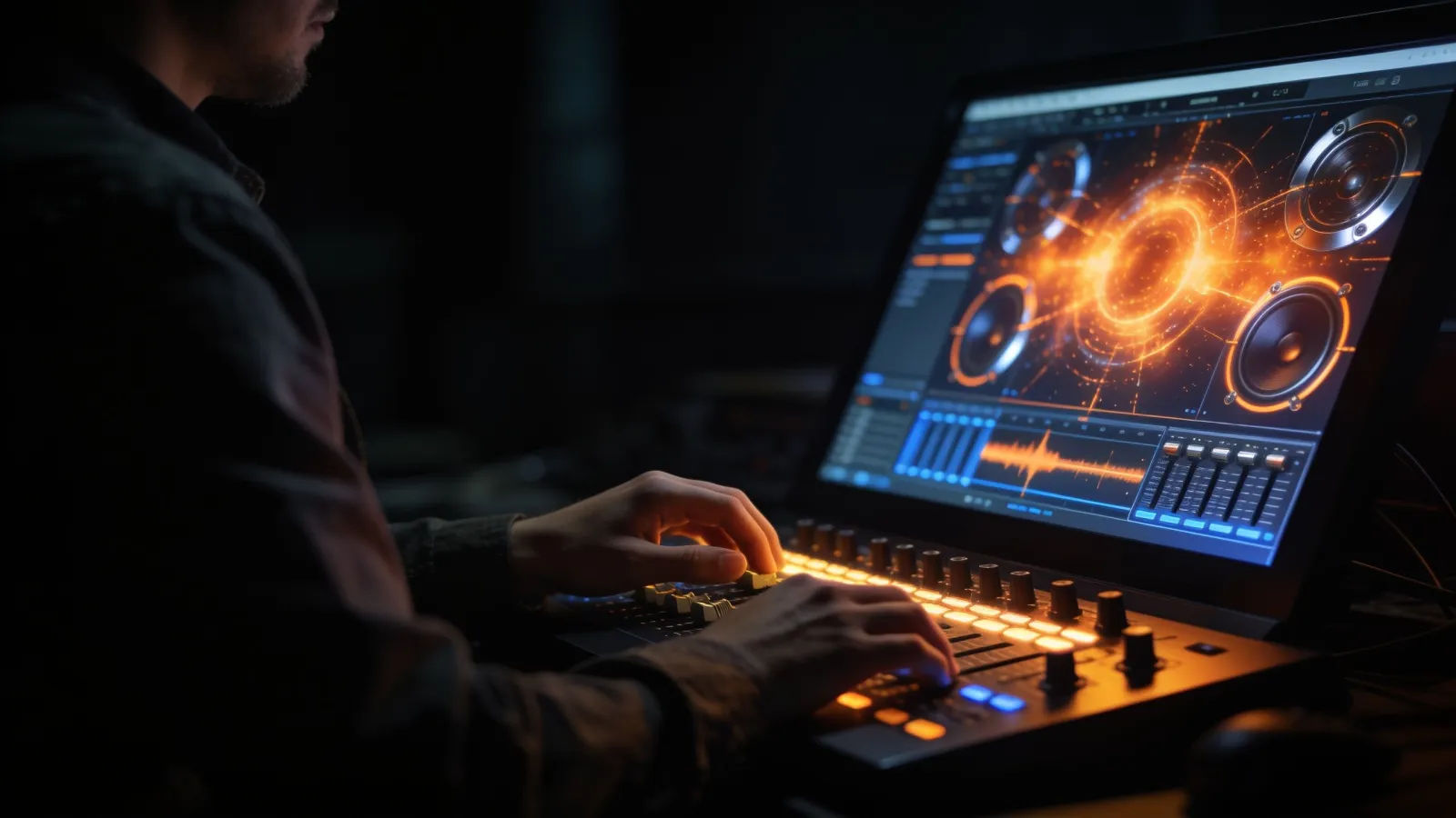 Creator hands at cinematic ember-lit audio console