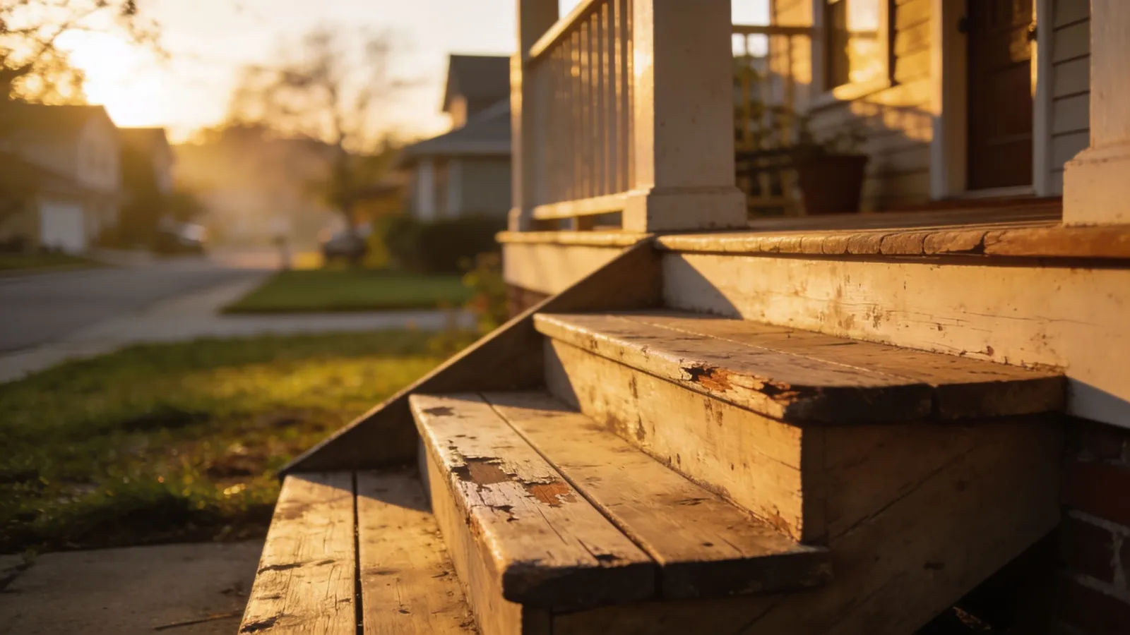 Sunlit suburban front porch at golden hour