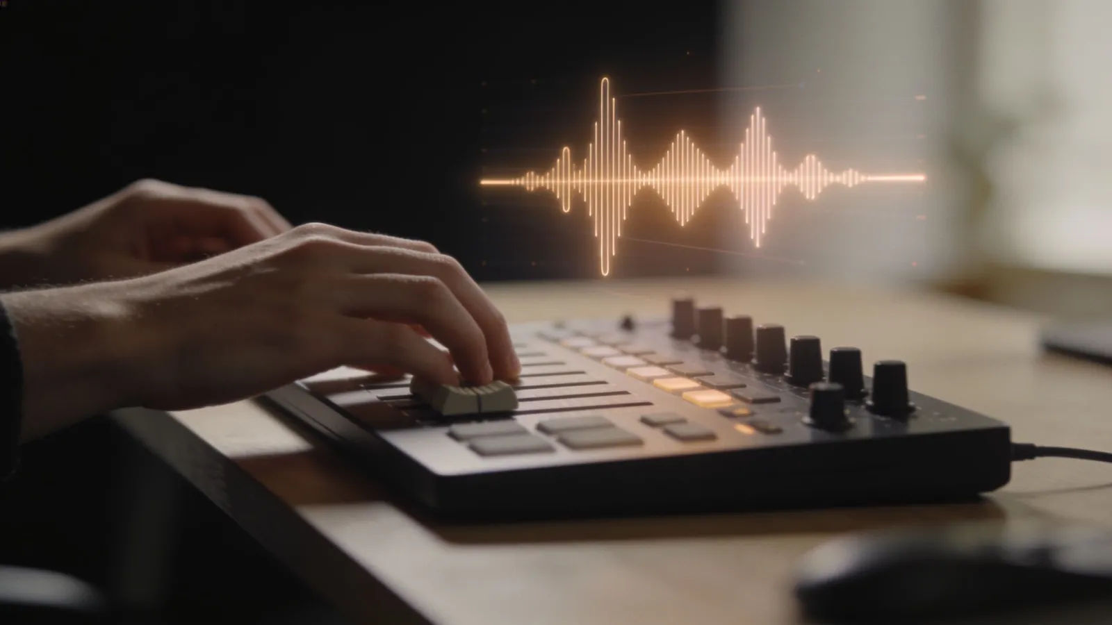 Hands at clean home-studio console