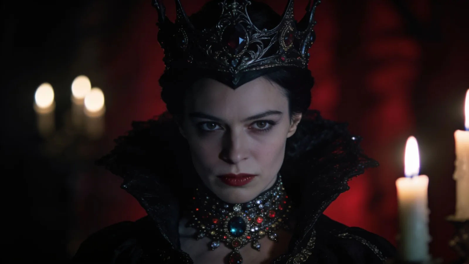 Haughty regal folklore queen in dark crown, candlelit