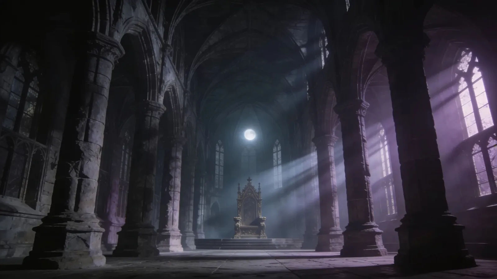 Shadowy gothic throne hall with distant empty throne