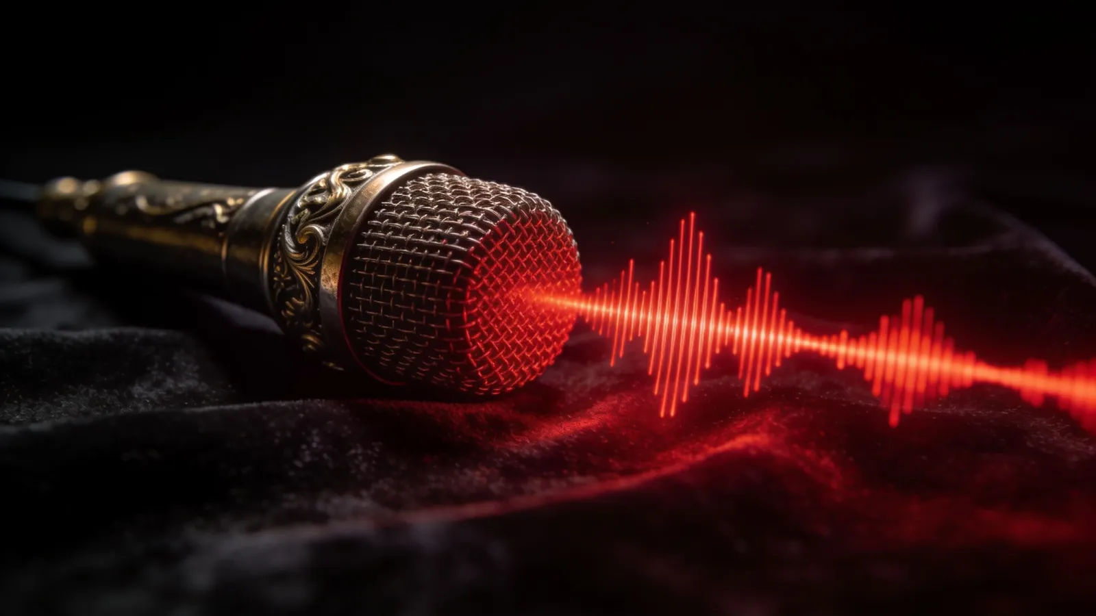 Ornate antique microphone with glowing deep-red waveform