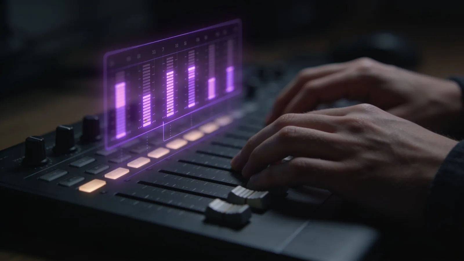 Hands at a dark console with glowing violet audio UI
