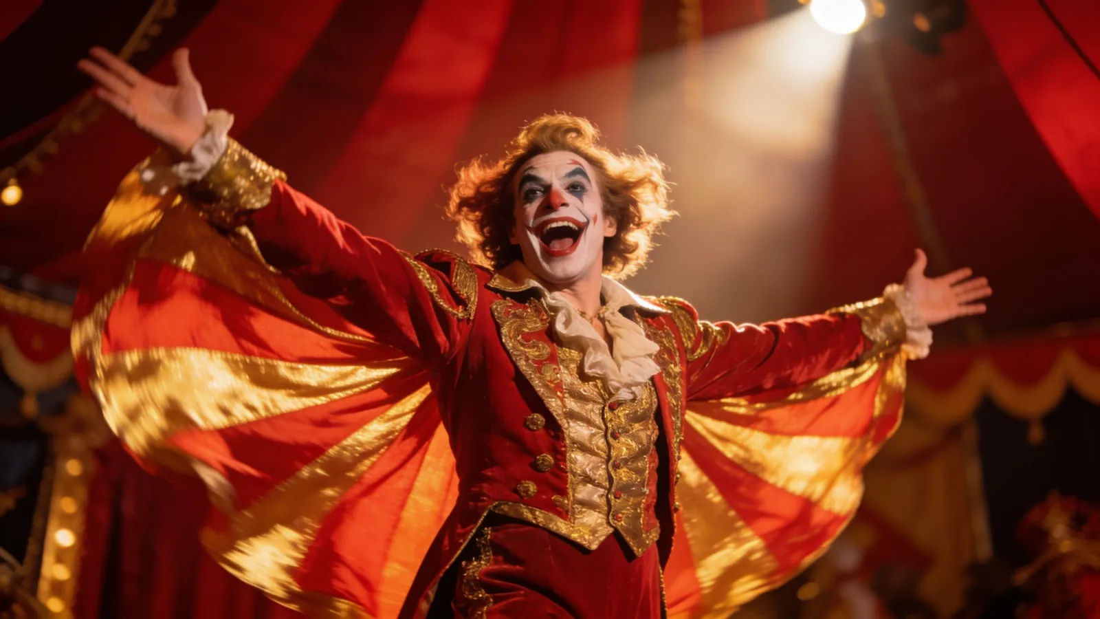 Theatrical showman mid sweeping gesture