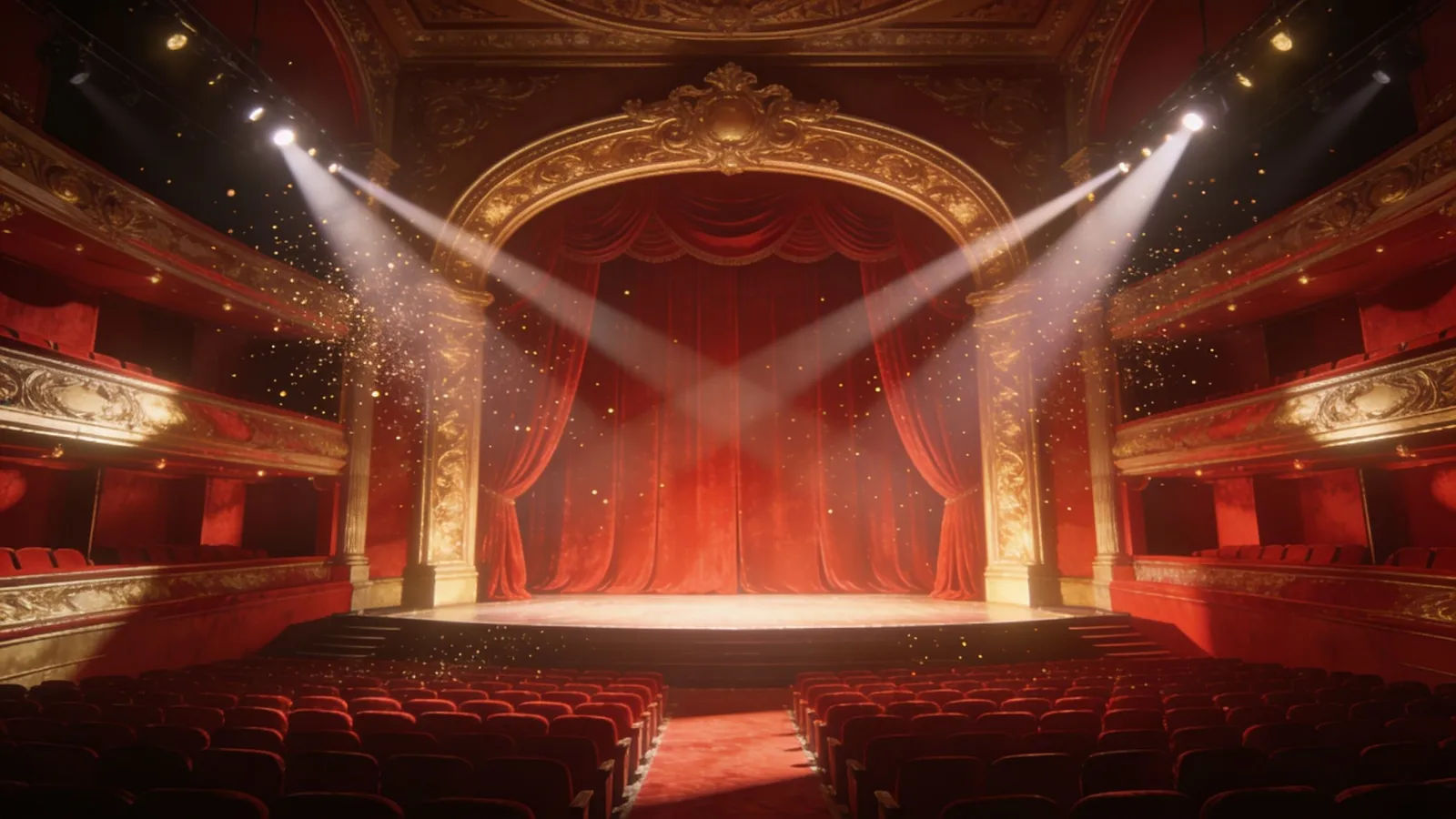 Ornate stage with velvet curtains spotlights