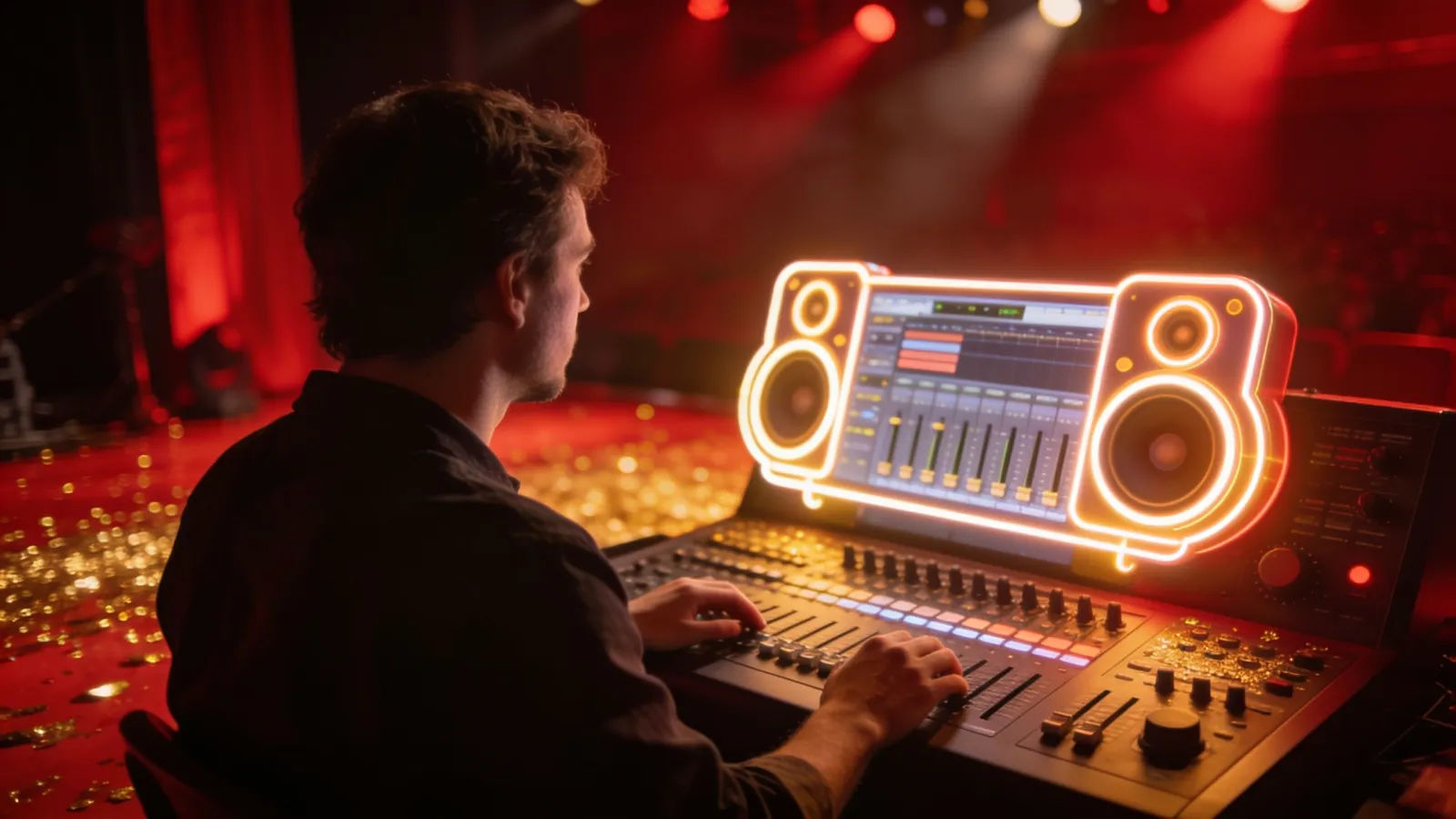 Hands on stage-lit audio console