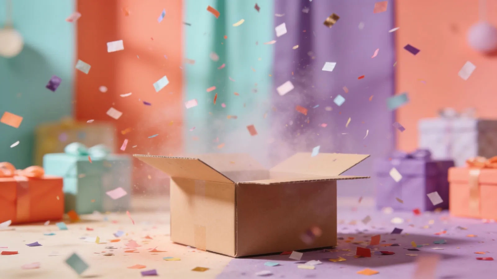 Colorful comedy set with suspended confetti