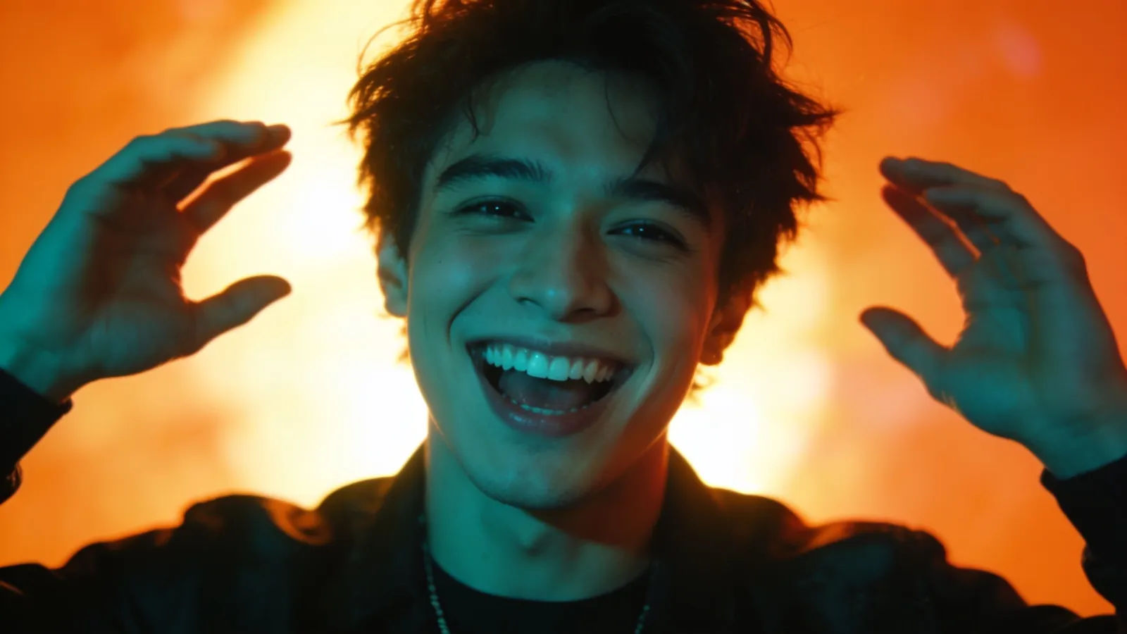 Energetic performer mid-gesture with thrilled grin