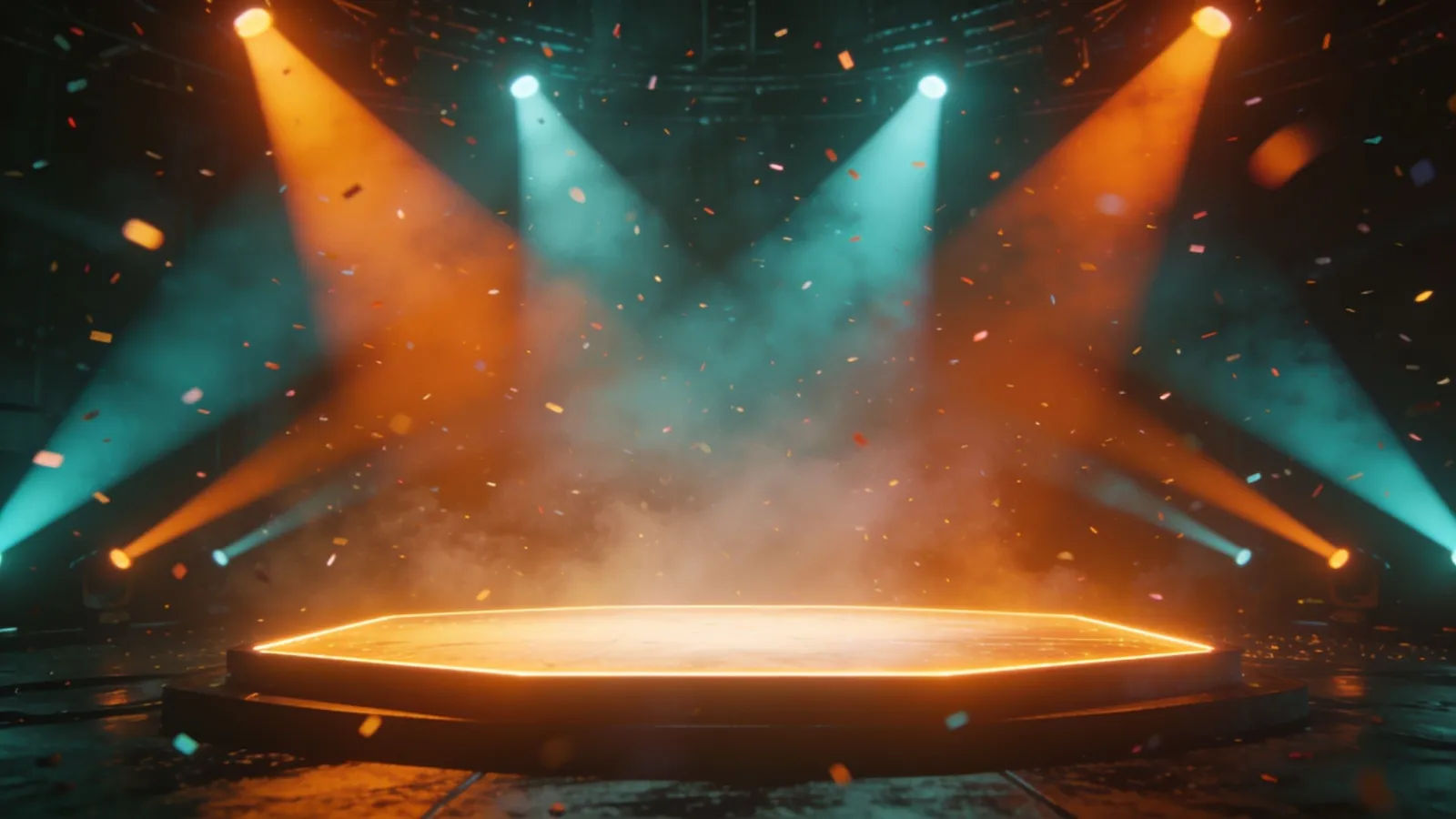Dynamic product-launch stage with spotlights