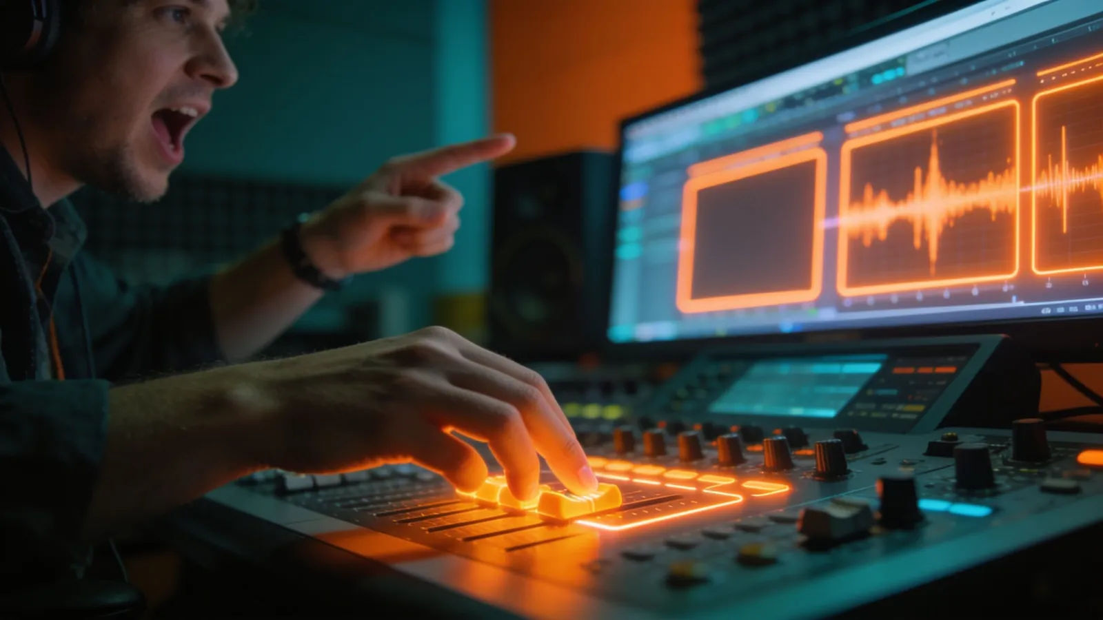 Hands at lively console directing a voice