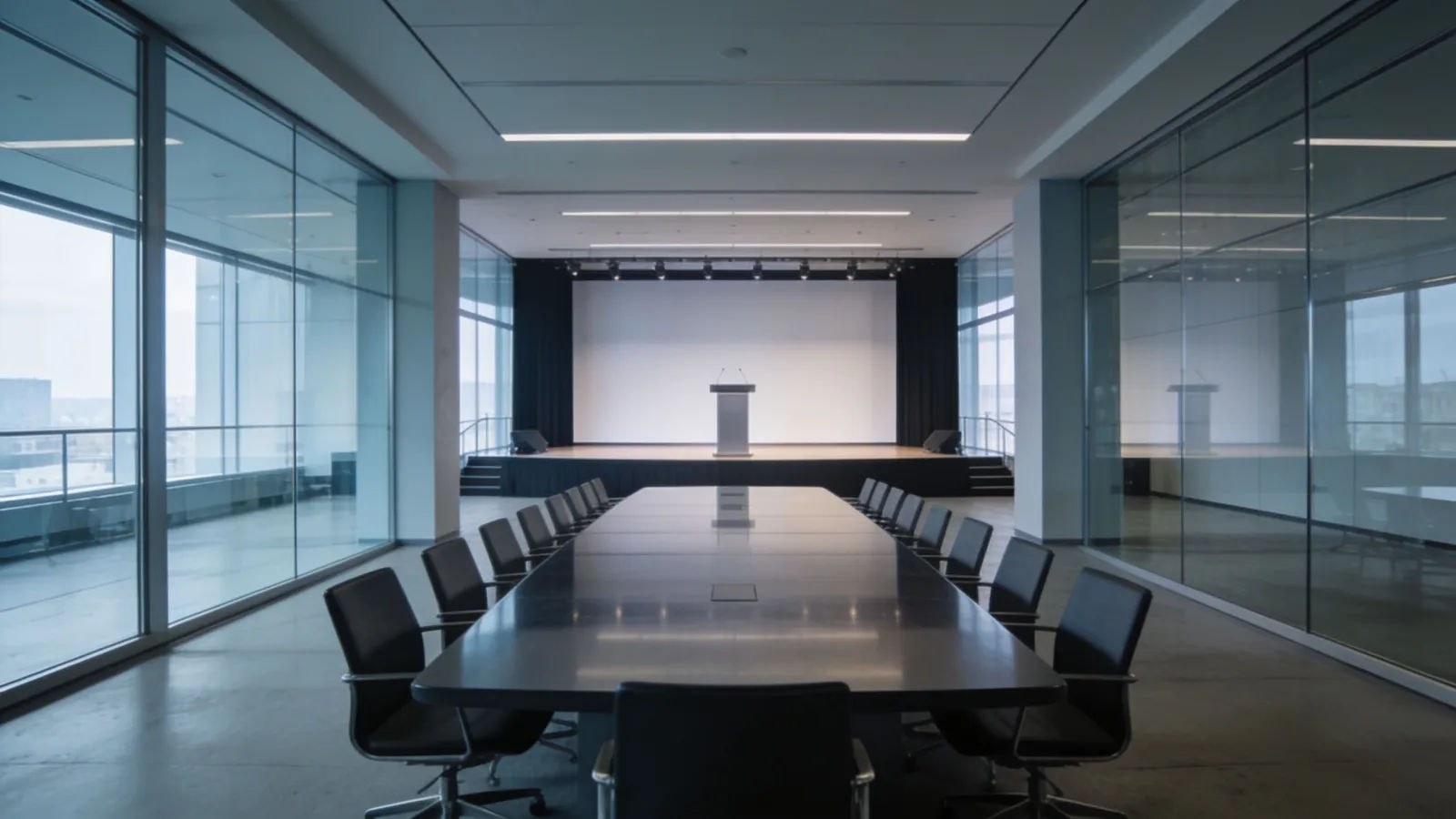 Sleek modern glass boardroom and keynote stage