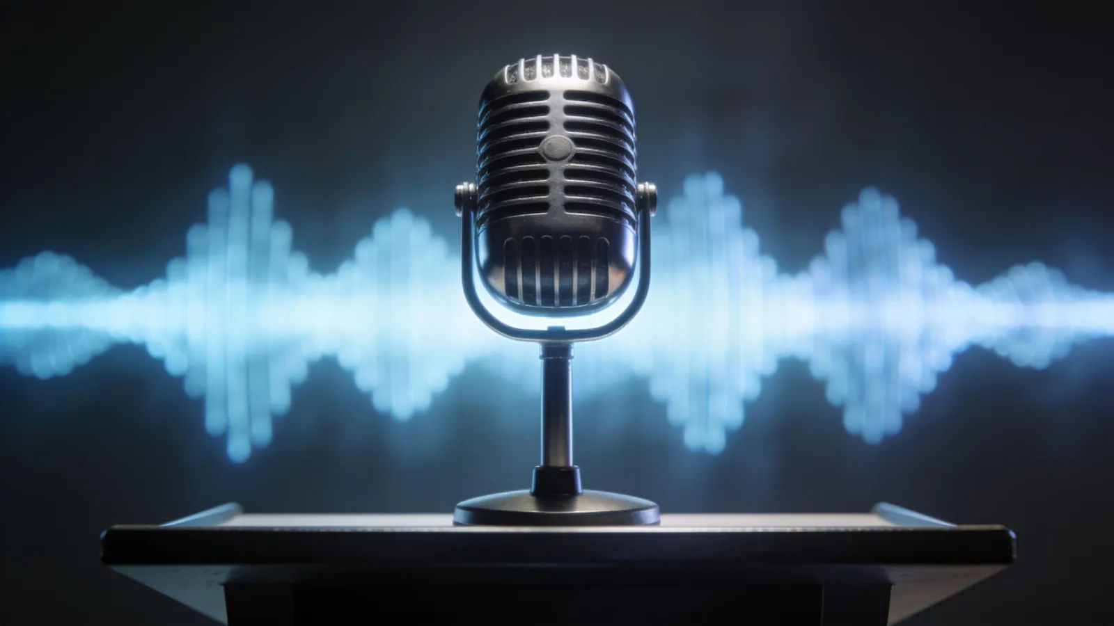 Lectern microphone with clean steady steel-blue waveform