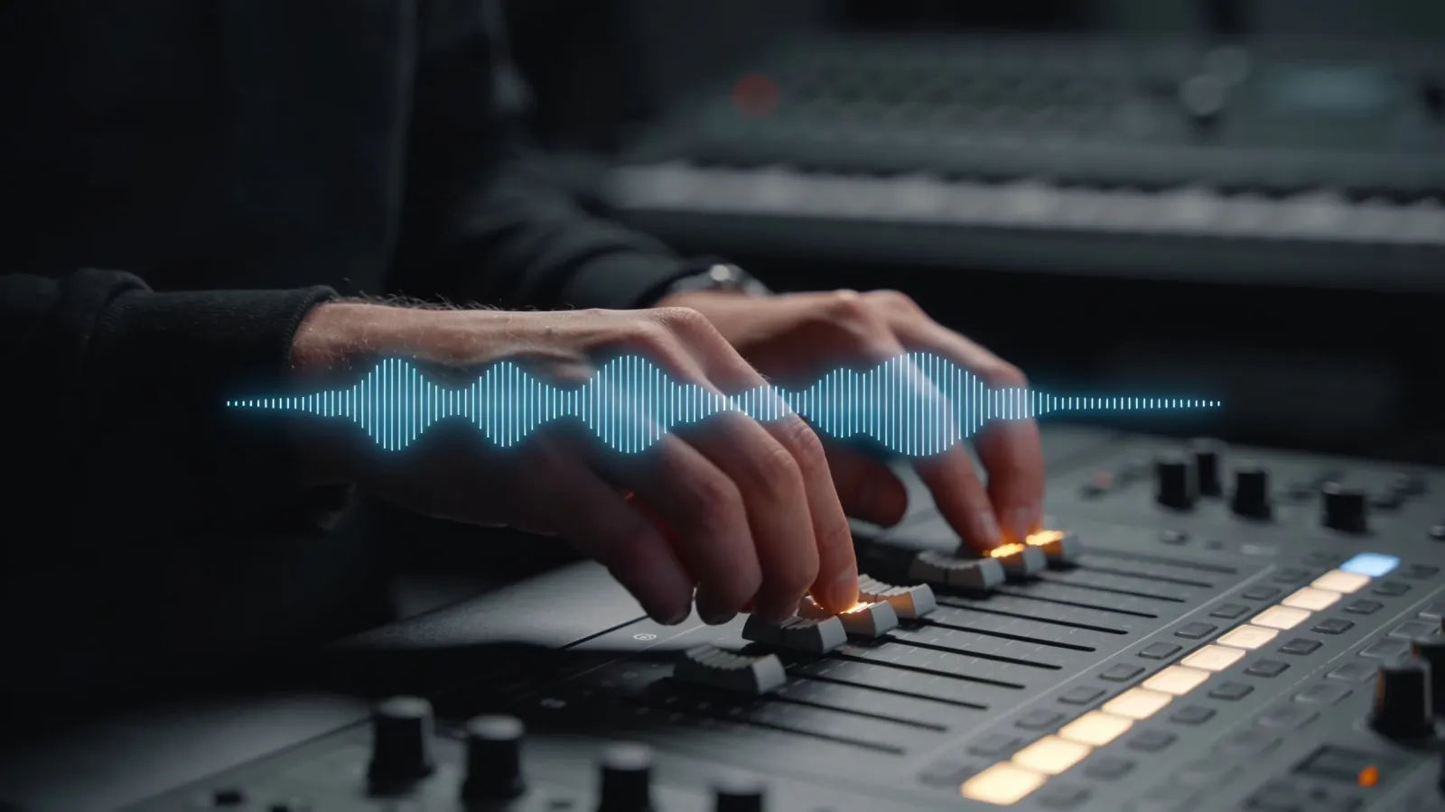 Hands at minimalist console with cool waveform UI