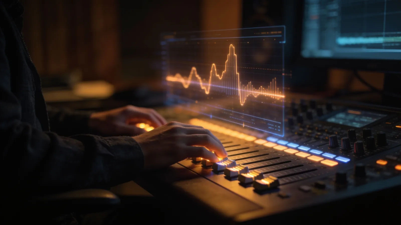 Hands at console with glowing audio interface