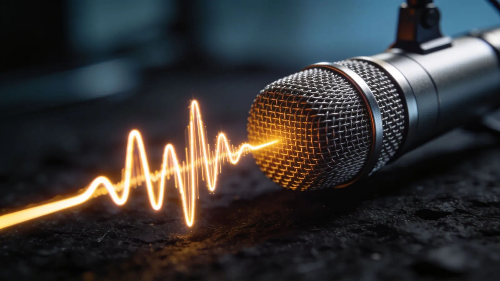 Studio microphone beside a crisp glowing waveform