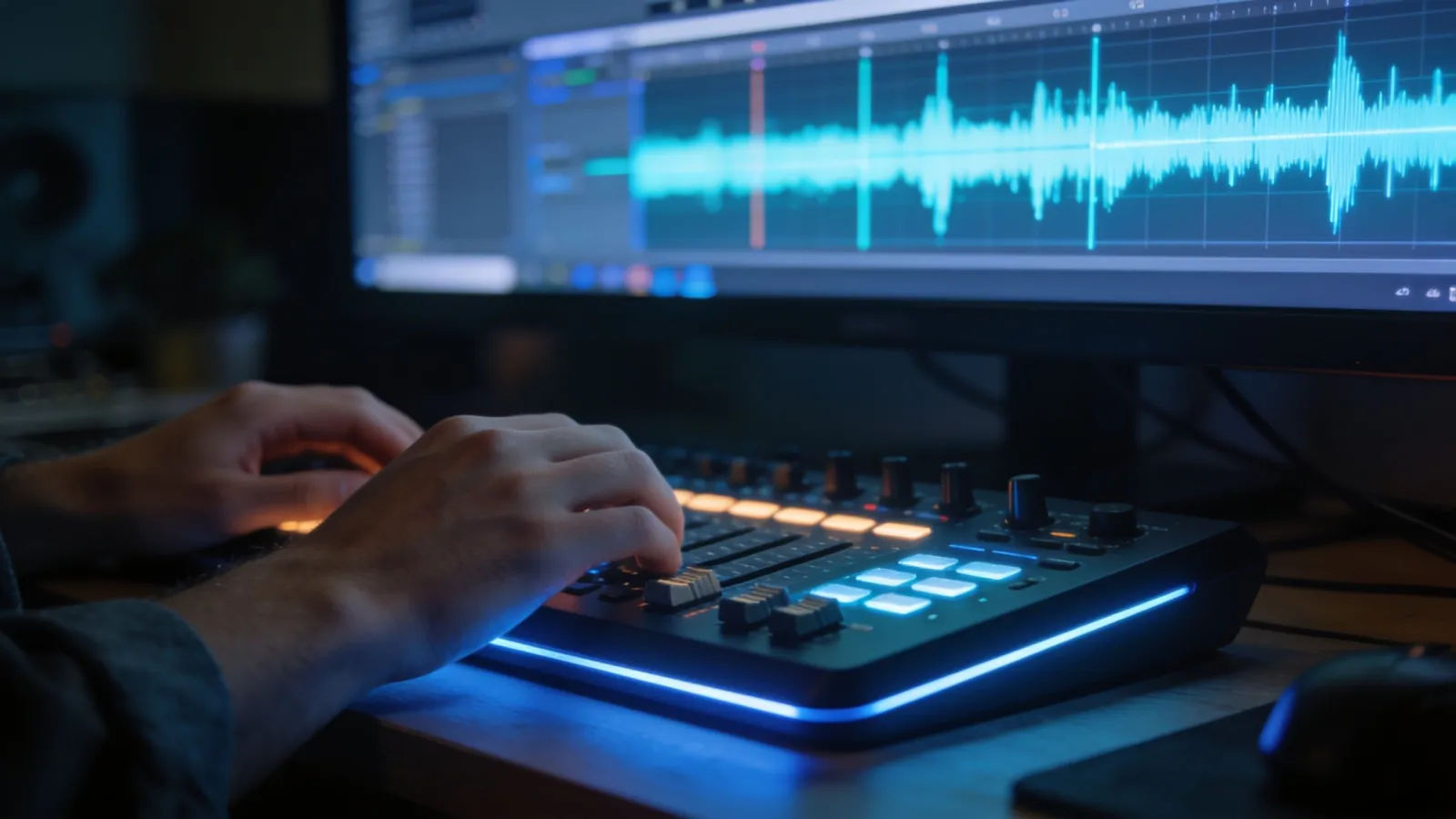 Hands at a glowing audio timeline interface