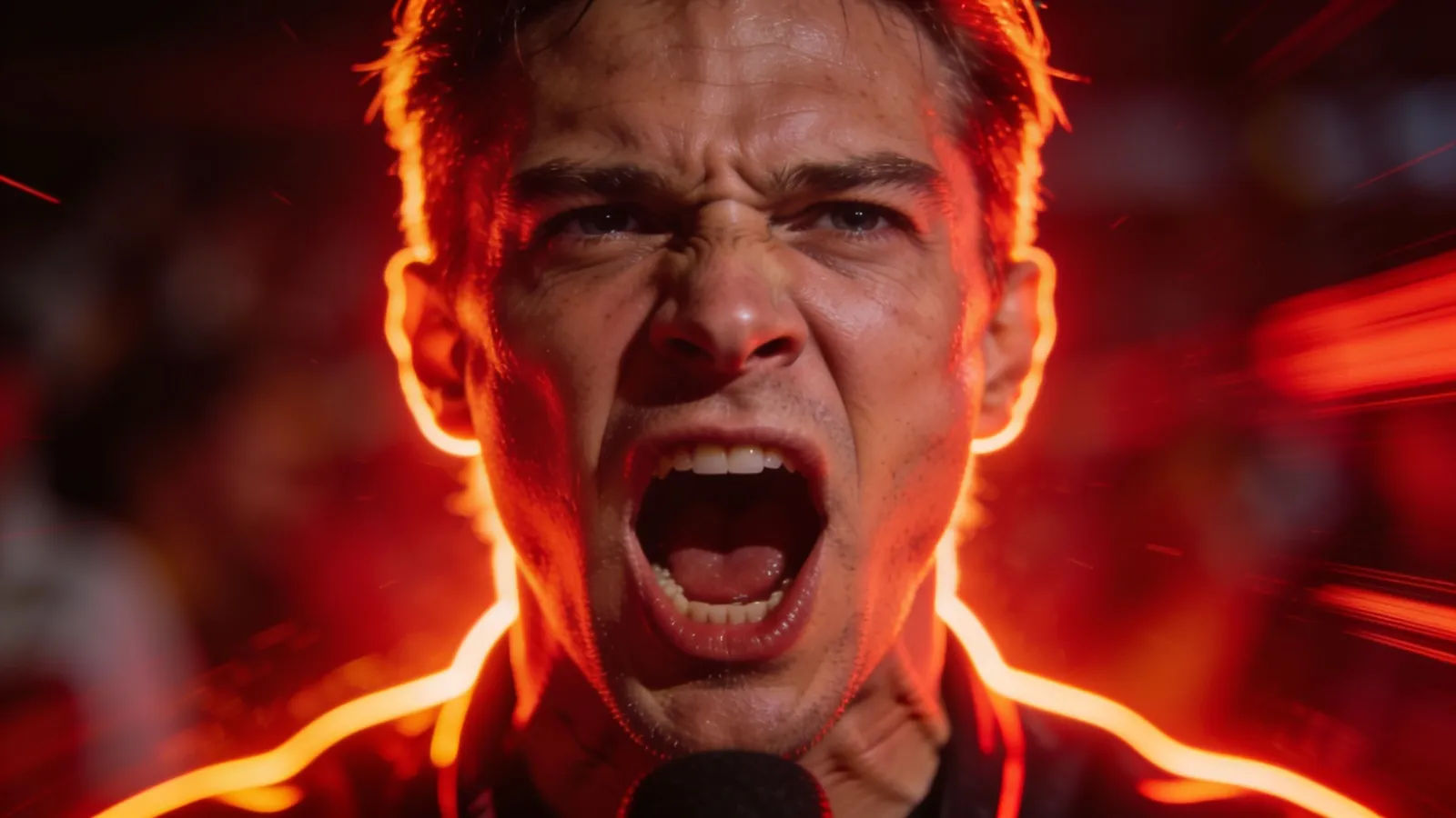 High-energy announcer shouting in neon red light